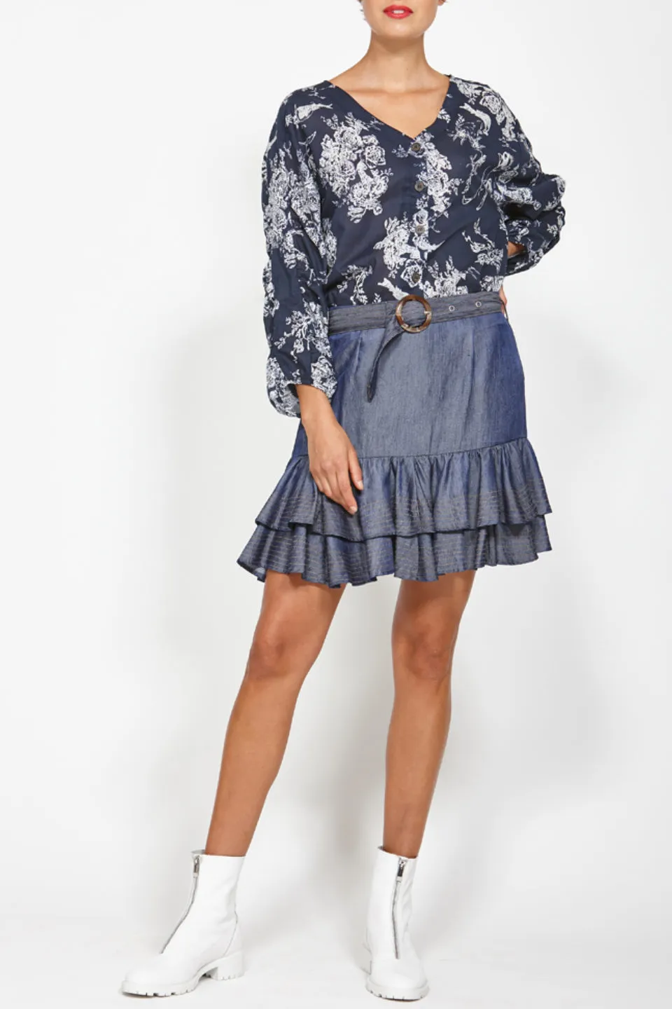 Magical Dark Indigo Frill Hem Mini Skirt