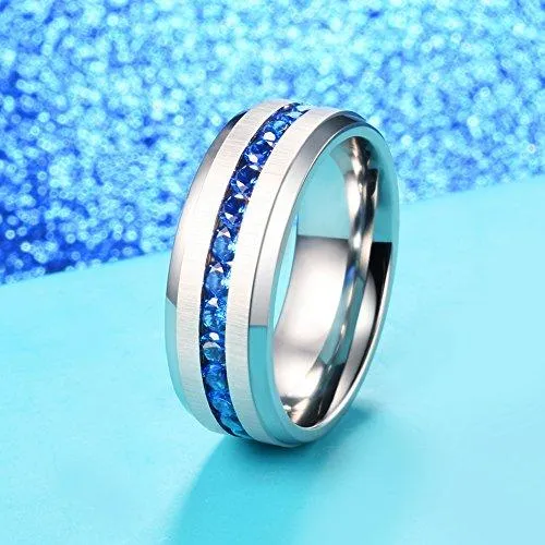 Men Women 8mm Titanium Engagement Ring Wedding Band Blue Simulated Sapphire Cubic Zirconia