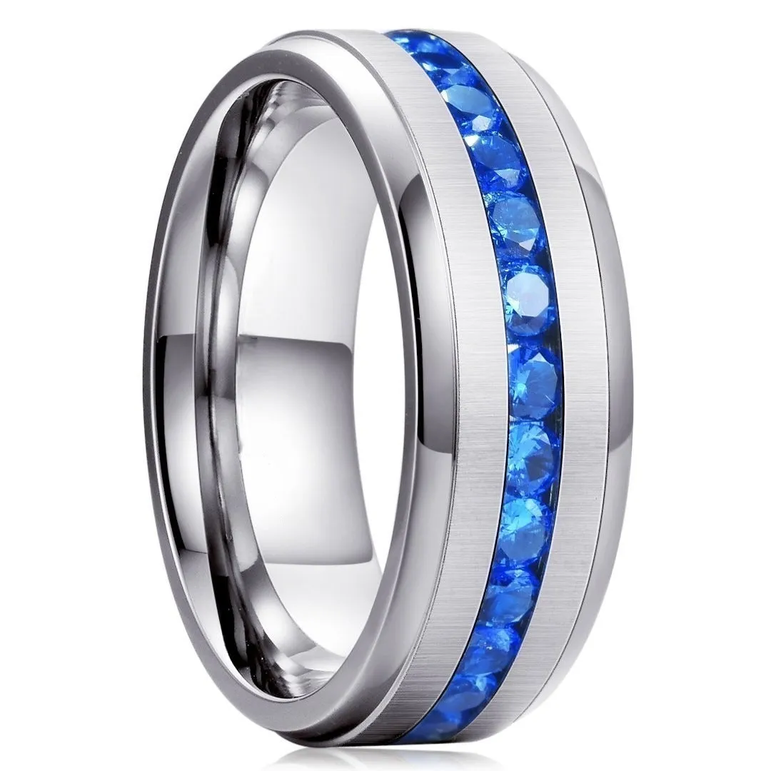 Men Women 8mm Titanium Engagement Ring Wedding Band Blue Simulated Sapphire Cubic Zirconia