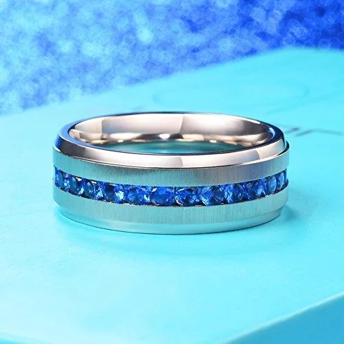 Men Women 8mm Titanium Engagement Ring Wedding Band Blue Simulated Sapphire Cubic Zirconia