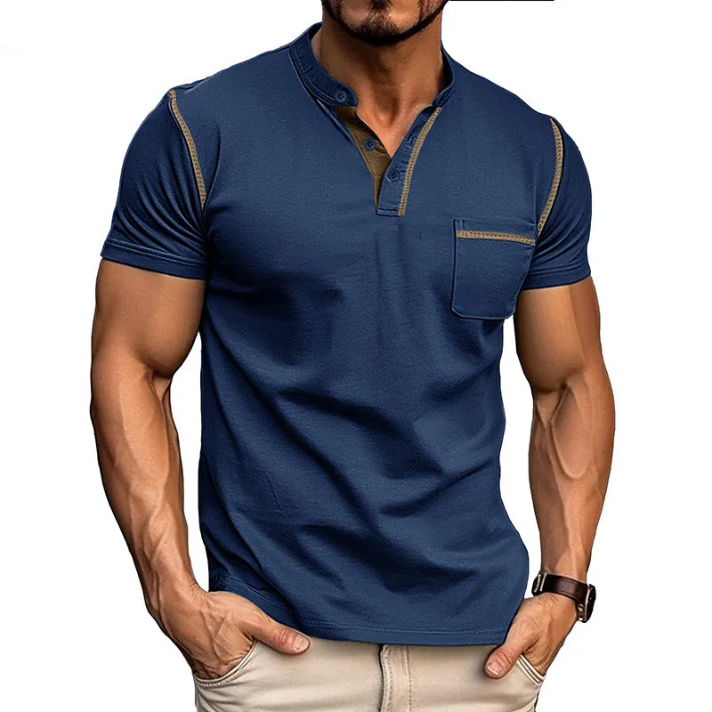 Men's Casual Slim Fit Button Henley Shirt with Pocket