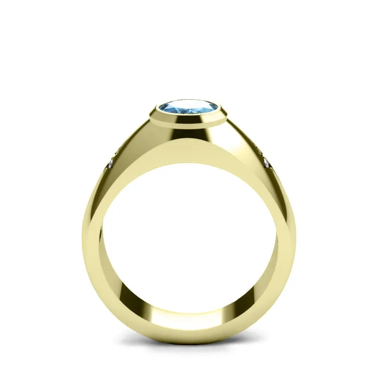 Men's Topaz Gemstone Ring 14k SOLID Yellow Gold with Diamonds Three Stone Anniversary Band