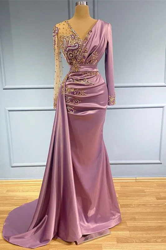 Mermaid Beadings Long Sleeve V-Neck Prom Dress