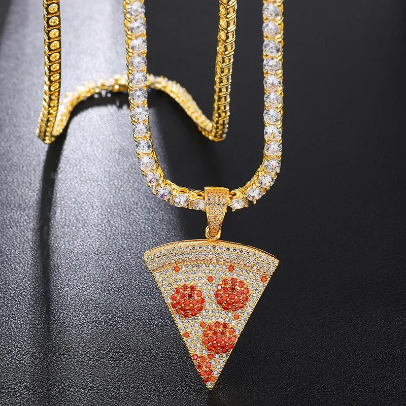 Micro Paved Cubic-Zirconia-Studded Pizza Bling Hip-hop Pendant Necklace