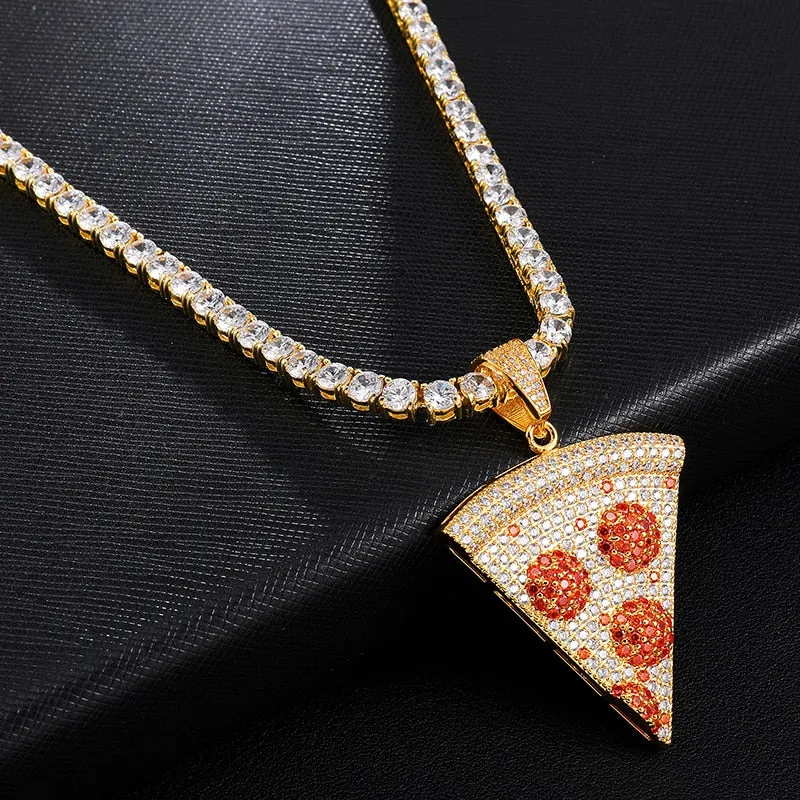 Micro Paved Cubic-Zirconia-Studded Pizza Bling Hip-hop Pendant Necklace