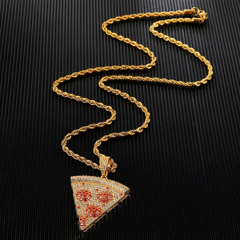 Micro Paved Cubic-Zirconia-Studded Pizza Bling Hip-hop Pendant Necklace