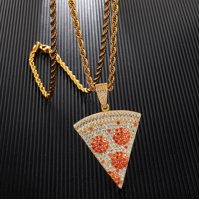 Micro Paved Cubic-Zirconia-Studded Pizza Bling Hip-hop Pendant Necklace