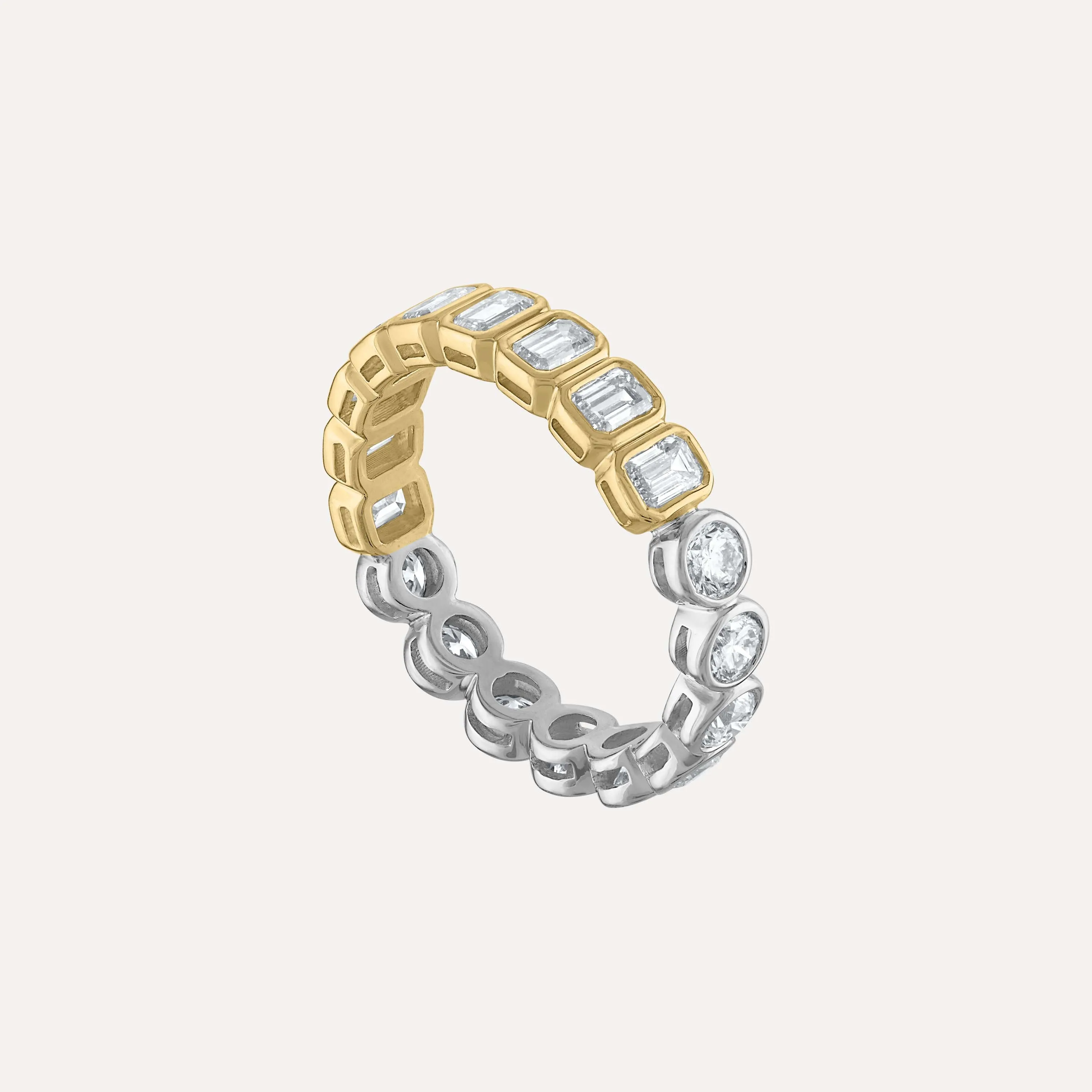 Mini Emerald & Round Diamond Bezel Eternity Band - Two Tone