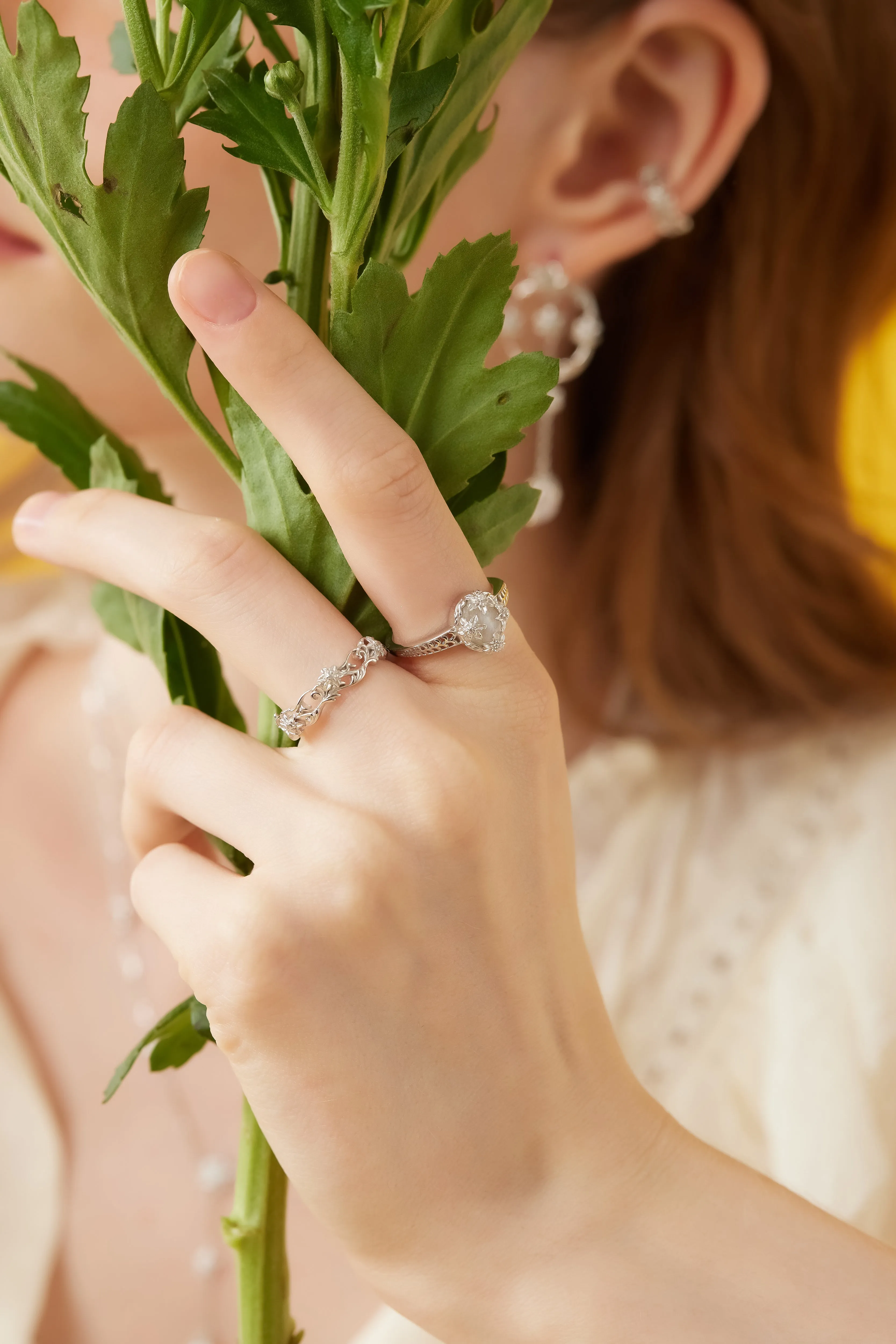 Moonstone Silver Floral Ring - Daffodil