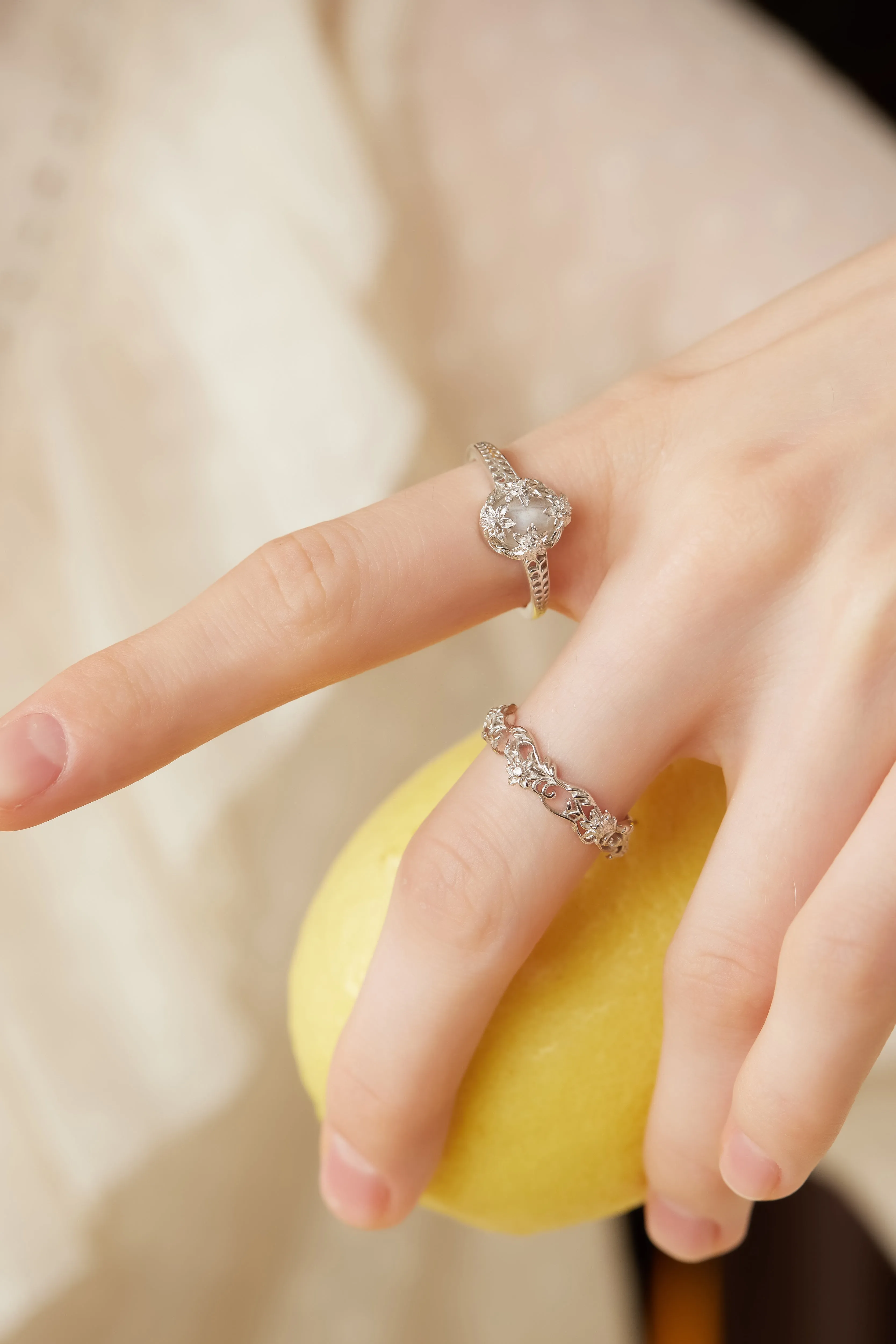 Moonstone Silver Floral Ring - Daffodil