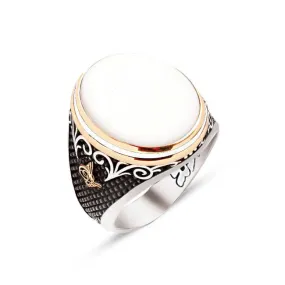 Mother of Pearl Stone with White Enamel Ellipse Silver Men’s Ring Siding Bush Pattern and Dimond Pattern and Ottoman Tughra