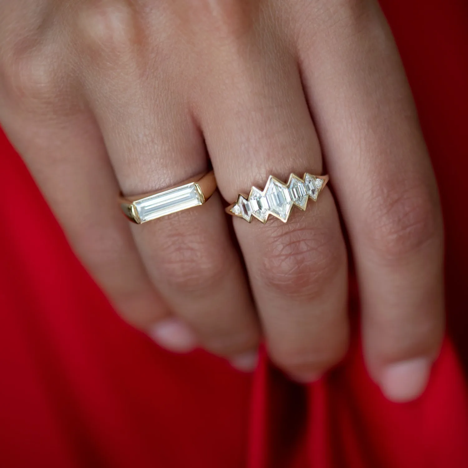 Mountain Lake Engagement Ring with Hexagon Cut Diamonds and a Golden Bezel