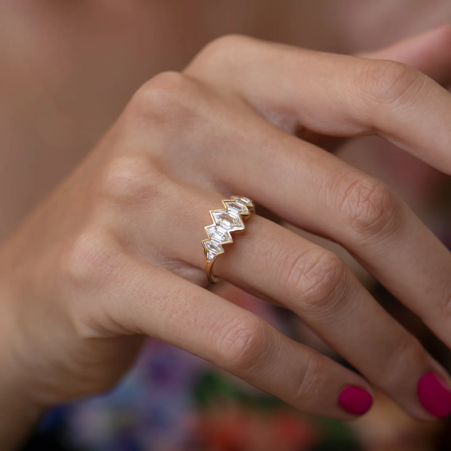 Mountain Lake Engagement Ring with Hexagon Cut Diamonds and a Golden Bezel