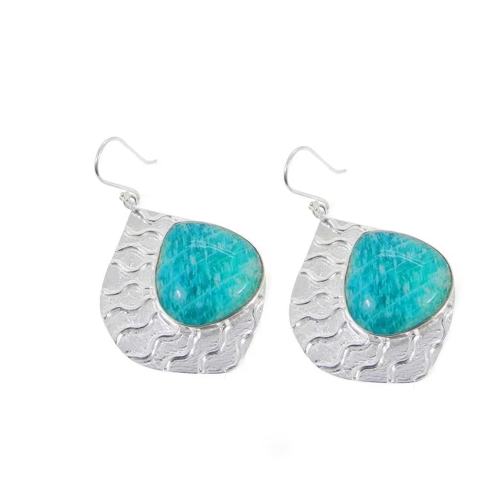 Natural Amazonite Handmade Designer Bezel Setting Silver Dangle Earrings