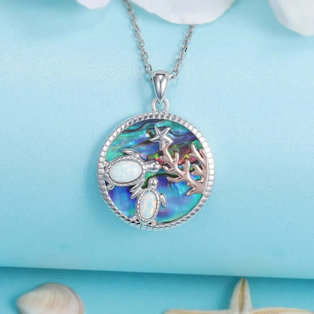 Opal Abalone Sea Turtle 925 Sterling Silver Pendant Necklace