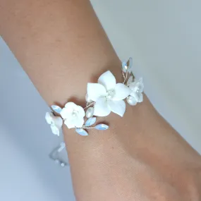 Opulent Crystal Bridal Bracelet : Ceramic White Flower Opal Bracelet, Statement Bracelet, Opal Bracelet,Gift for her, Custom Gift.