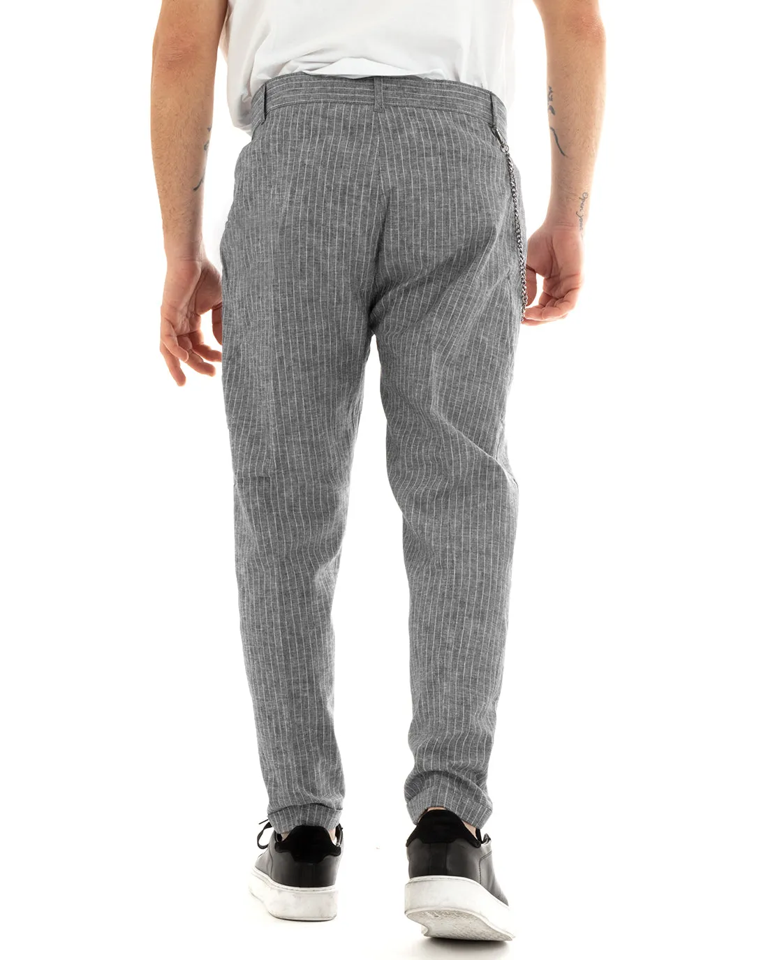 Pantaloni Uomo Lino Tasca America Rigato Gessato Grigio Abbottonatura Allungata GIOSAL-P5755A