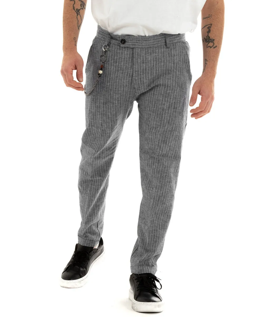 Pantaloni Uomo Lino Tasca America Rigato Gessato Grigio Abbottonatura Allungata GIOSAL-P5755A