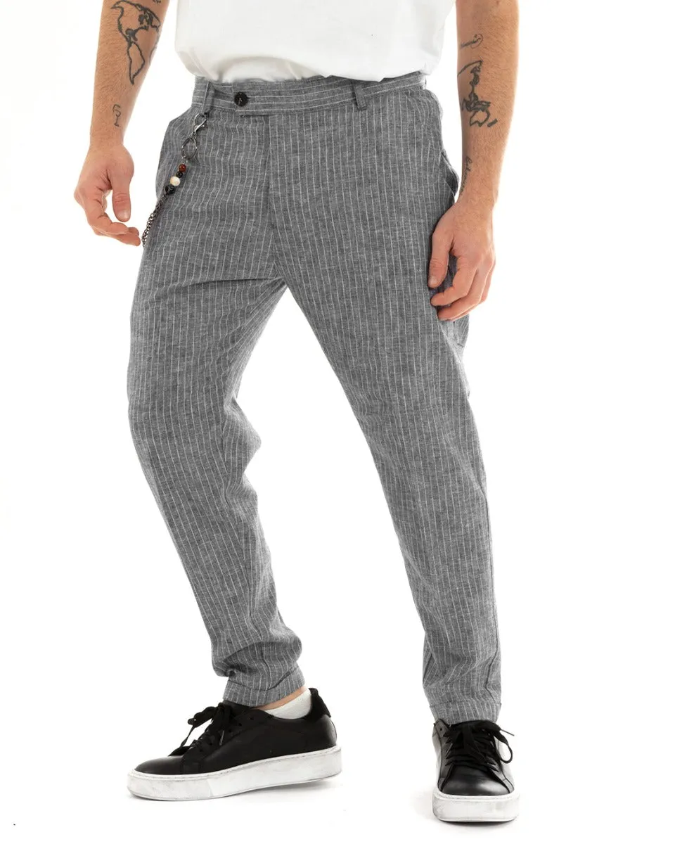 Pantaloni Uomo Lino Tasca America Rigato Gessato Grigio Abbottonatura Allungata GIOSAL-P5755A