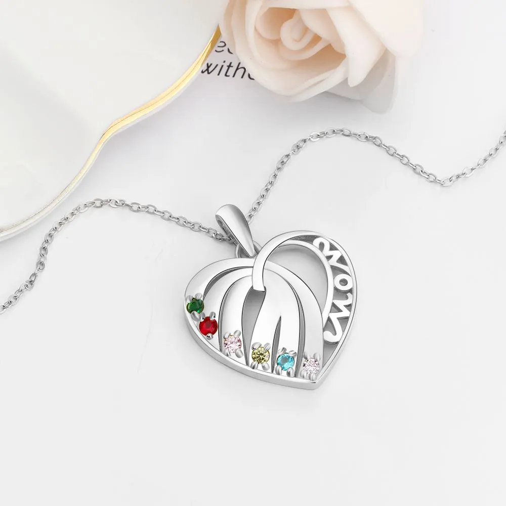 Personalized 6 Stone Mother's Necklace MOM Heart Pendant 6 Names