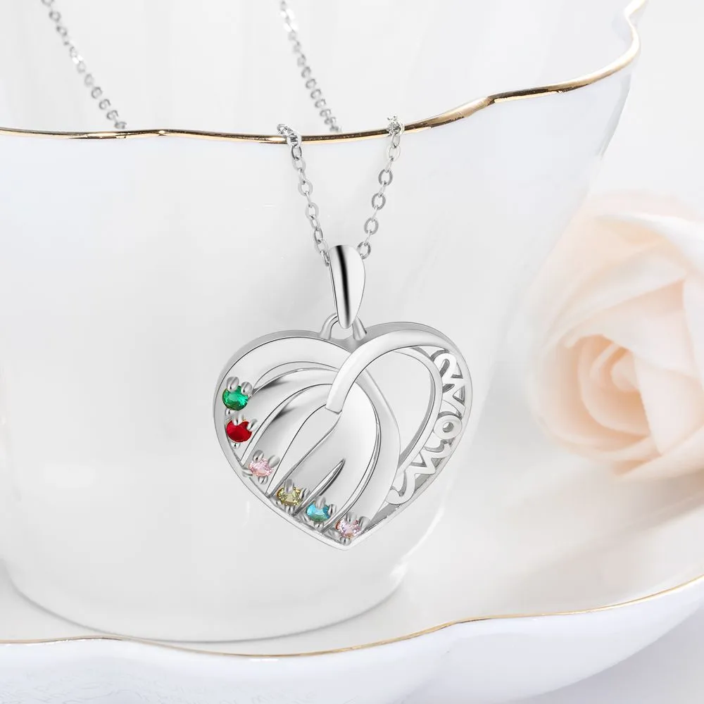 Personalized 6 Stone Mother's Necklace MOM Heart Pendant 6 Names