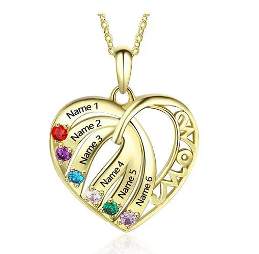 Personalized 6 Stone Mother's Necklace MOM Heart Pendant 6 Names