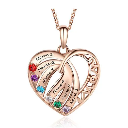 Personalized 6 Stone Mother's Necklace MOM Heart Pendant 6 Names