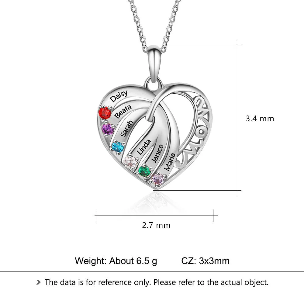 Personalized 6 Stone Mother's Necklace MOM Heart Pendant 6 Names