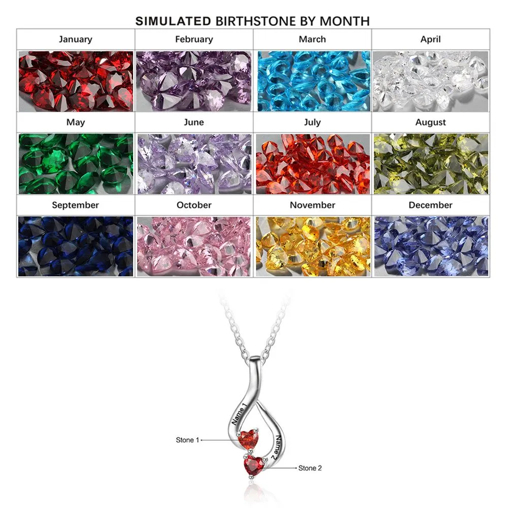 Personalized Mother's Pendant Necklace 2 Heart Birthstones 2 Names Hanging Hearts