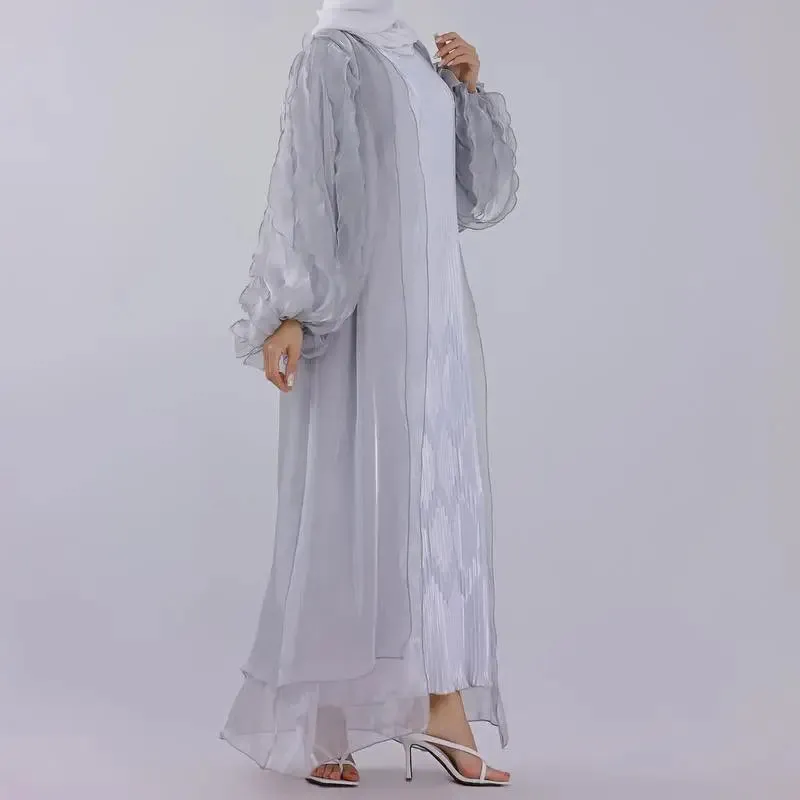 Petal Puff Sleeve Satin Cardigan Open Abaya Dress Muslim Women