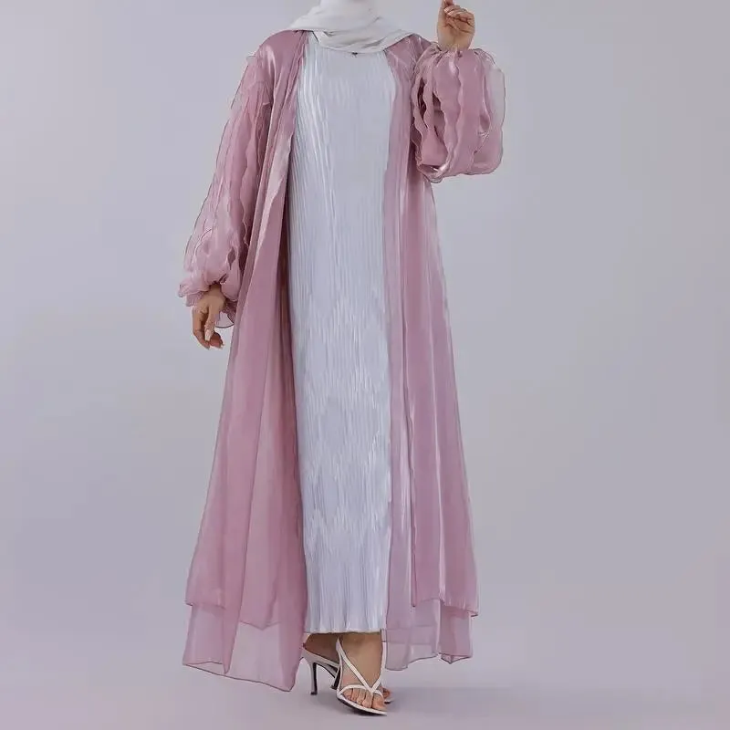 Petal Puff Sleeve Satin Cardigan Open Abaya Dress Muslim Women