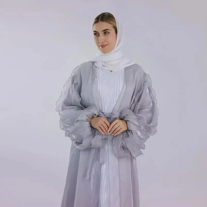 Petal Puff Sleeve Satin Cardigan Open Abaya Dress Muslim Women