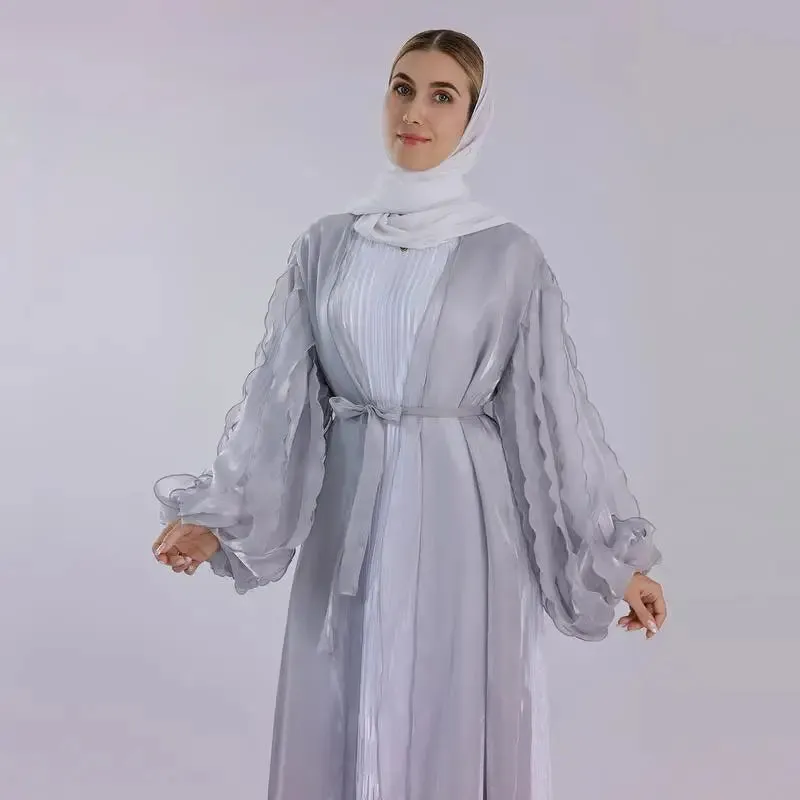 Petal Puff Sleeve Satin Cardigan Open Abaya Dress Muslim Women