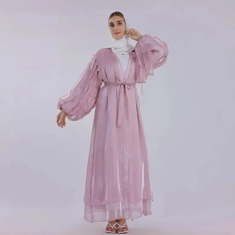 Petal Puff Sleeve Satin Cardigan Open Abaya Dress Muslim Women