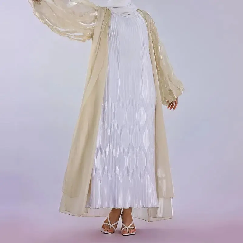 Petal Puff Sleeve Satin Cardigan Open Abaya Dress Muslim Women