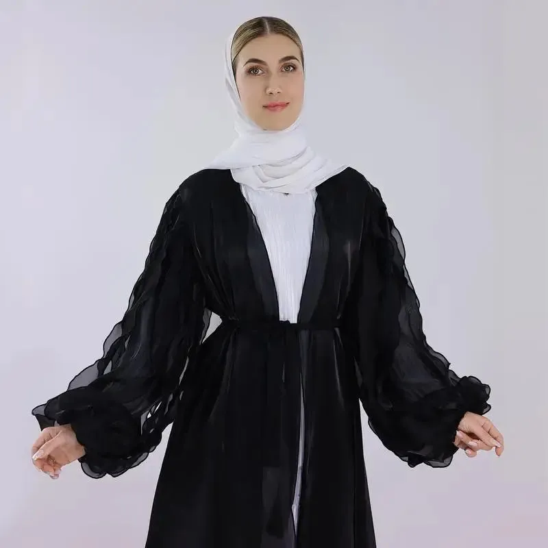 Petal Puff Sleeve Satin Cardigan Open Abaya Dress Muslim Women