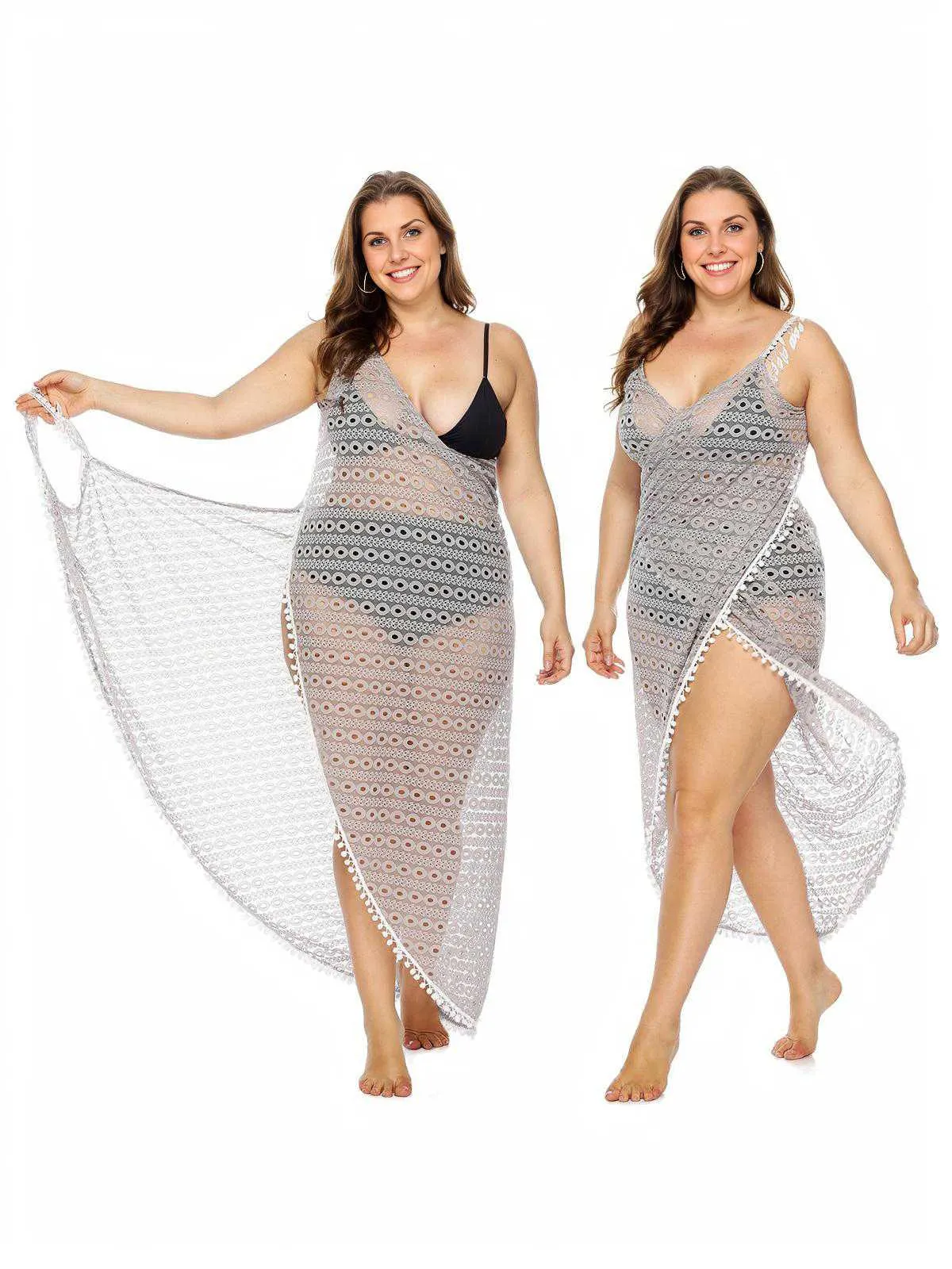 [Plus Size] Light Gray 1960s Hollow Fringe Cover-Up