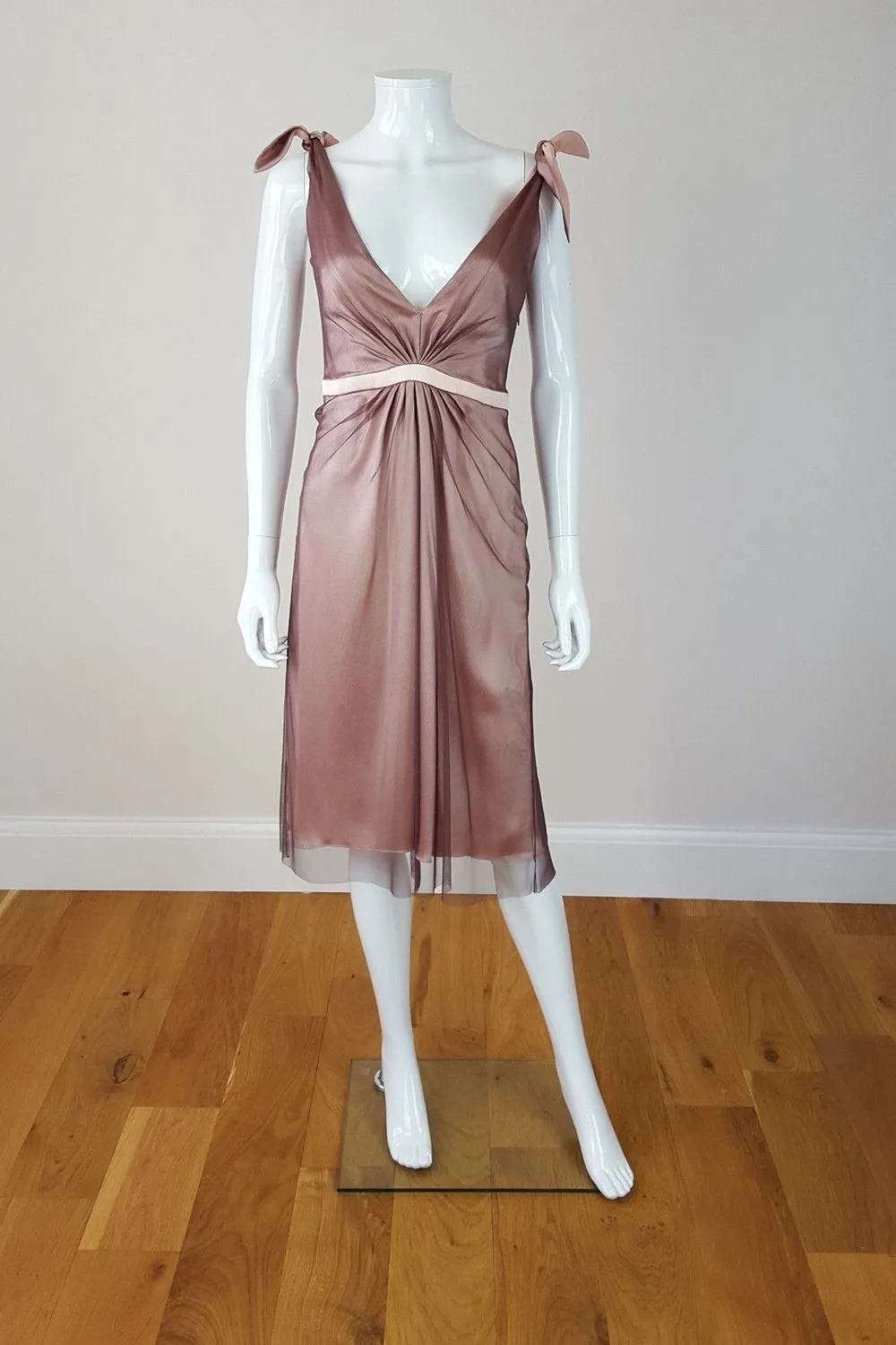 PRINGLE OF SCOTLAND Silk Deep V Neck Pink Cocktail Dress (UK 10)