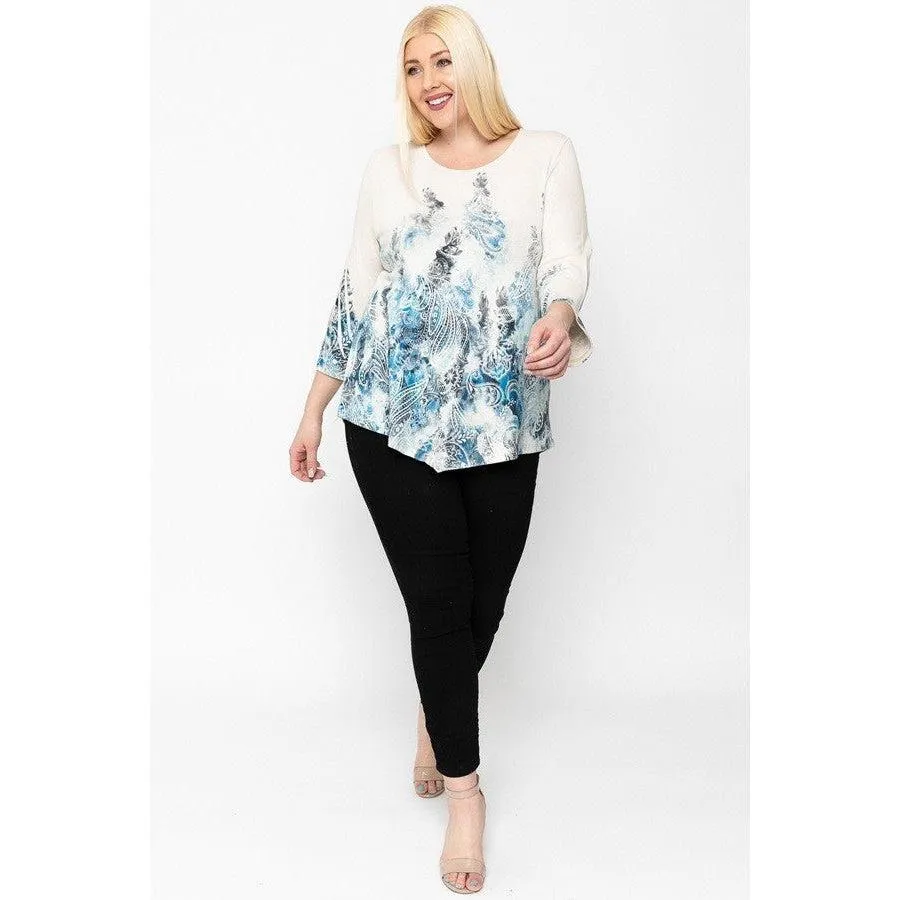 Print Top Featuring A Round Neckline And 3/4 Bell Sleeves