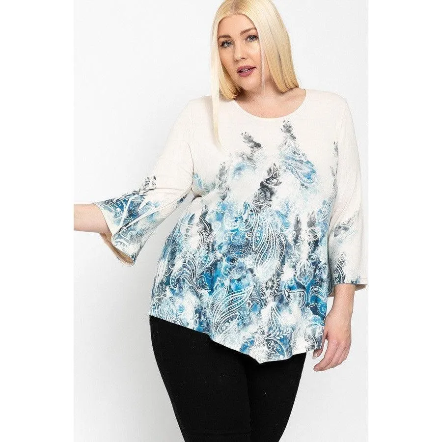 Print Top Featuring A Round Neckline And 3/4 Bell Sleeves