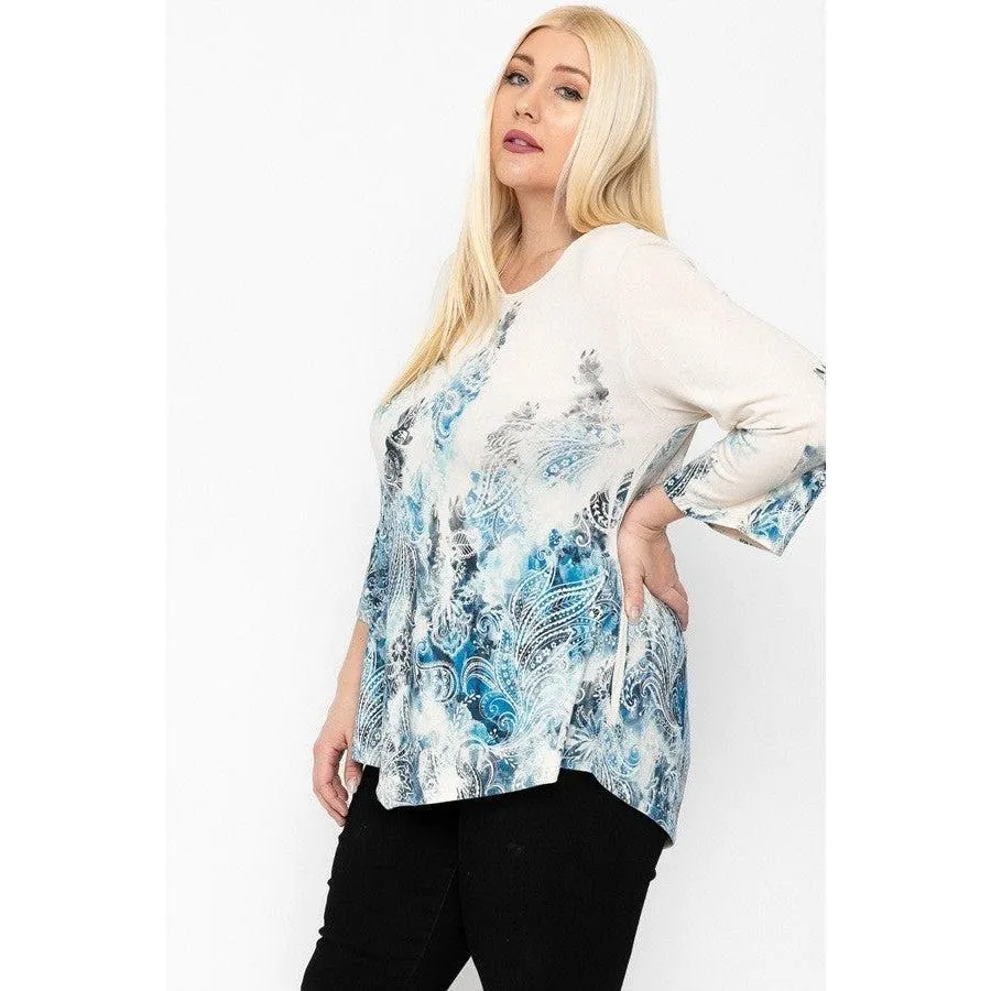 Print Top Featuring A Round Neckline And 3/4 Bell Sleeves