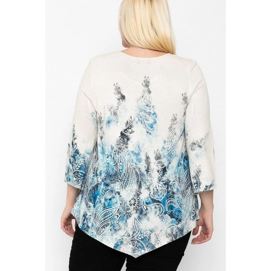 Print Top Featuring A Round Neckline And 3/4 Bell Sleeves