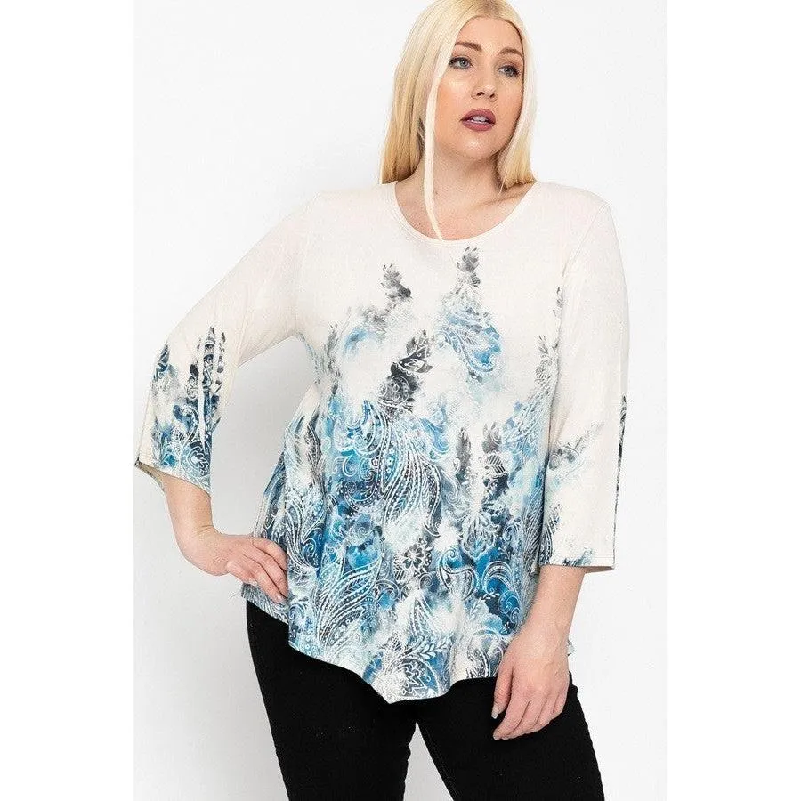 Print Top Featuring A Round Neckline And 3/4 Bell Sleeves