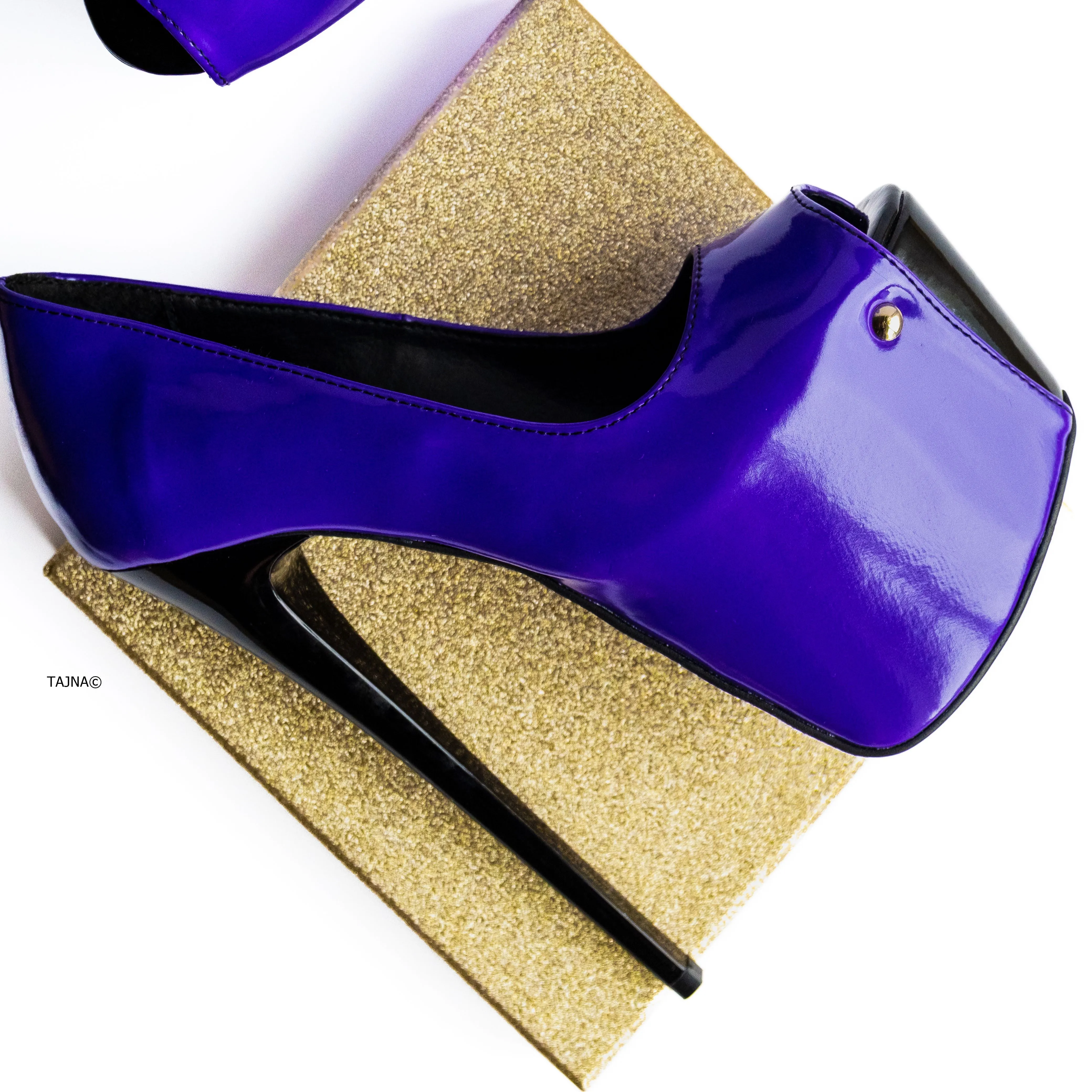 Purple Black Gloss Peep Toe High Heel Pumps