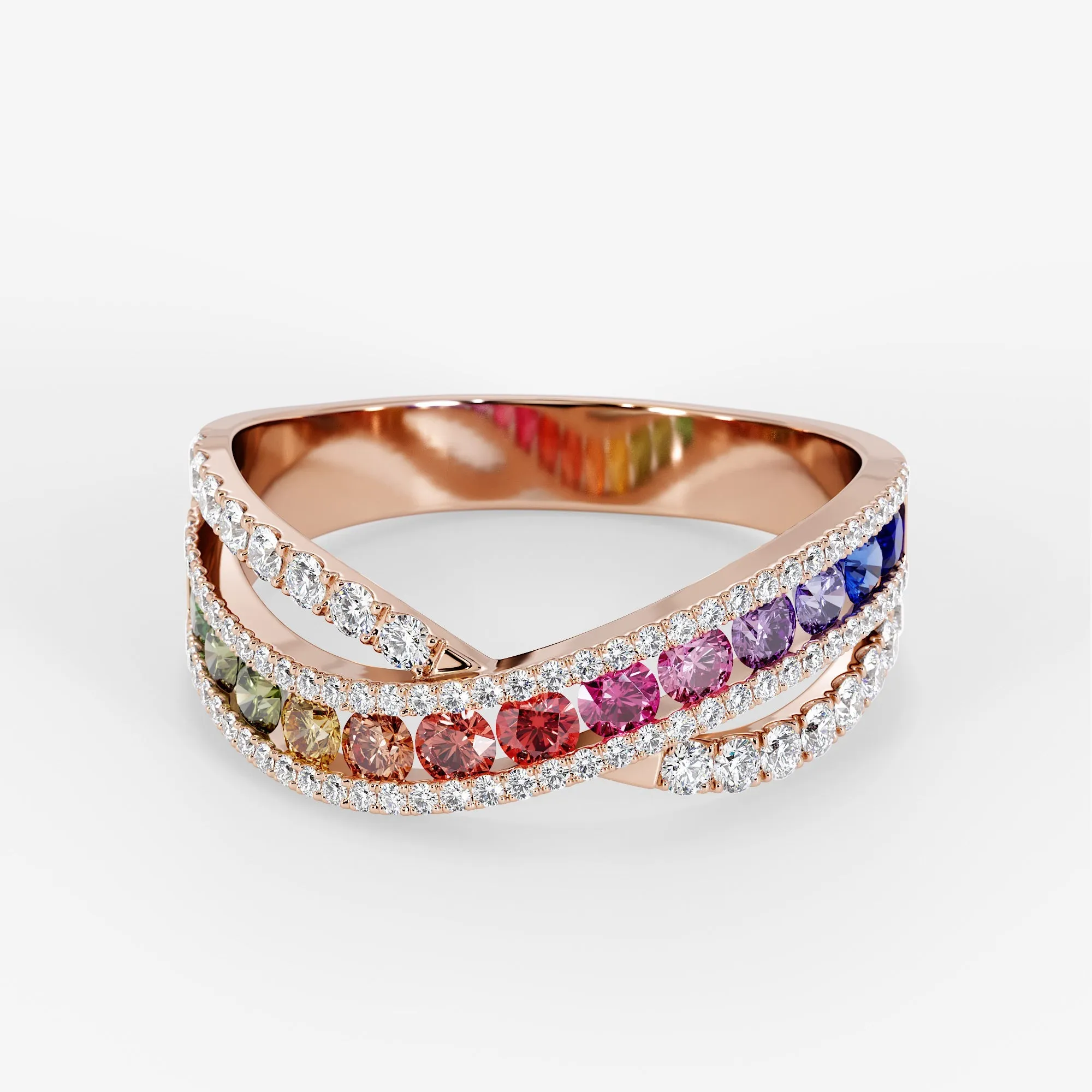 Rainbow Intertwined Ring Brilliant Cut Diamond & Sapphire 18K Rose Gold