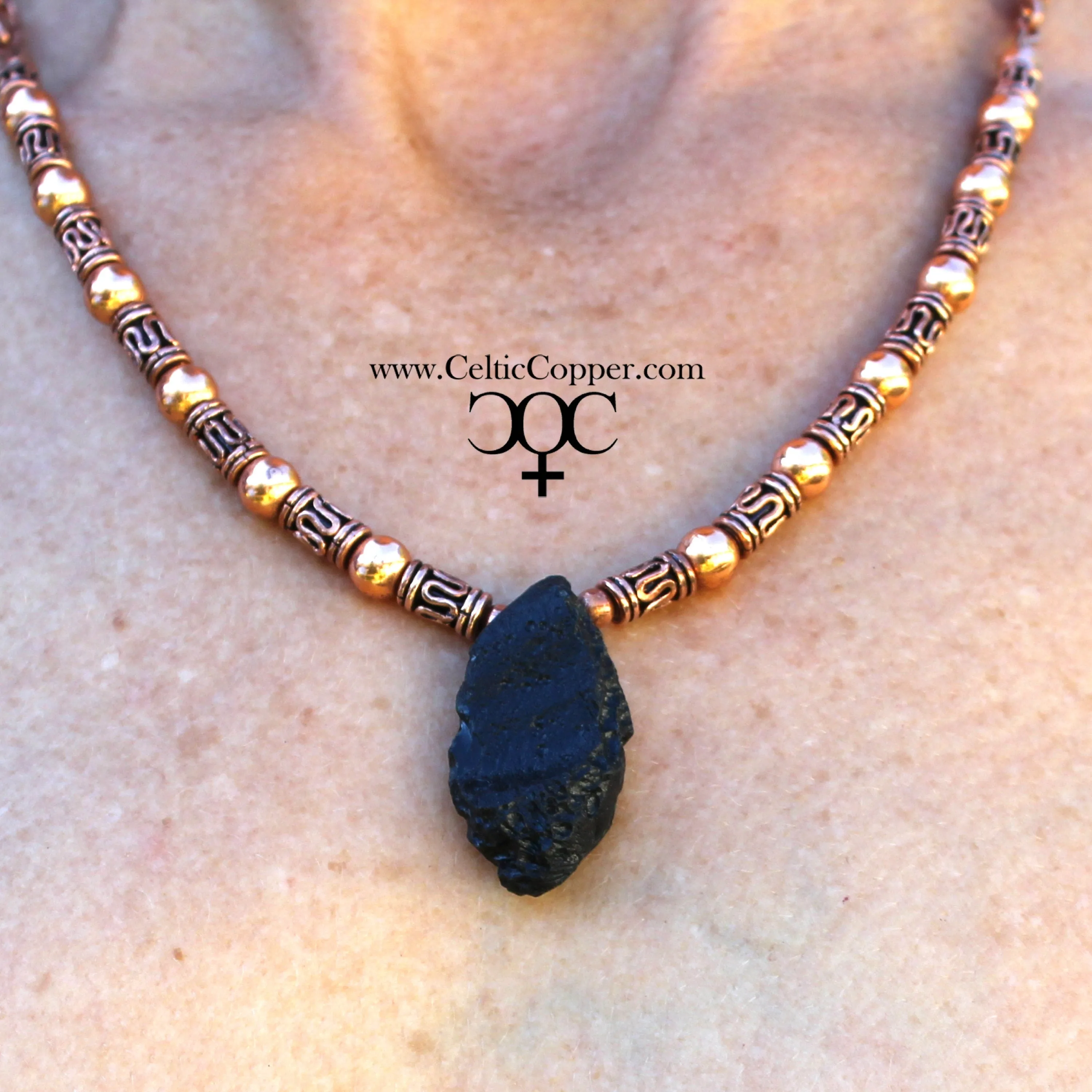 Raw Tektite Pendant Necklace Copper Bead Festoon Necklace Tektite Nugget Pendant