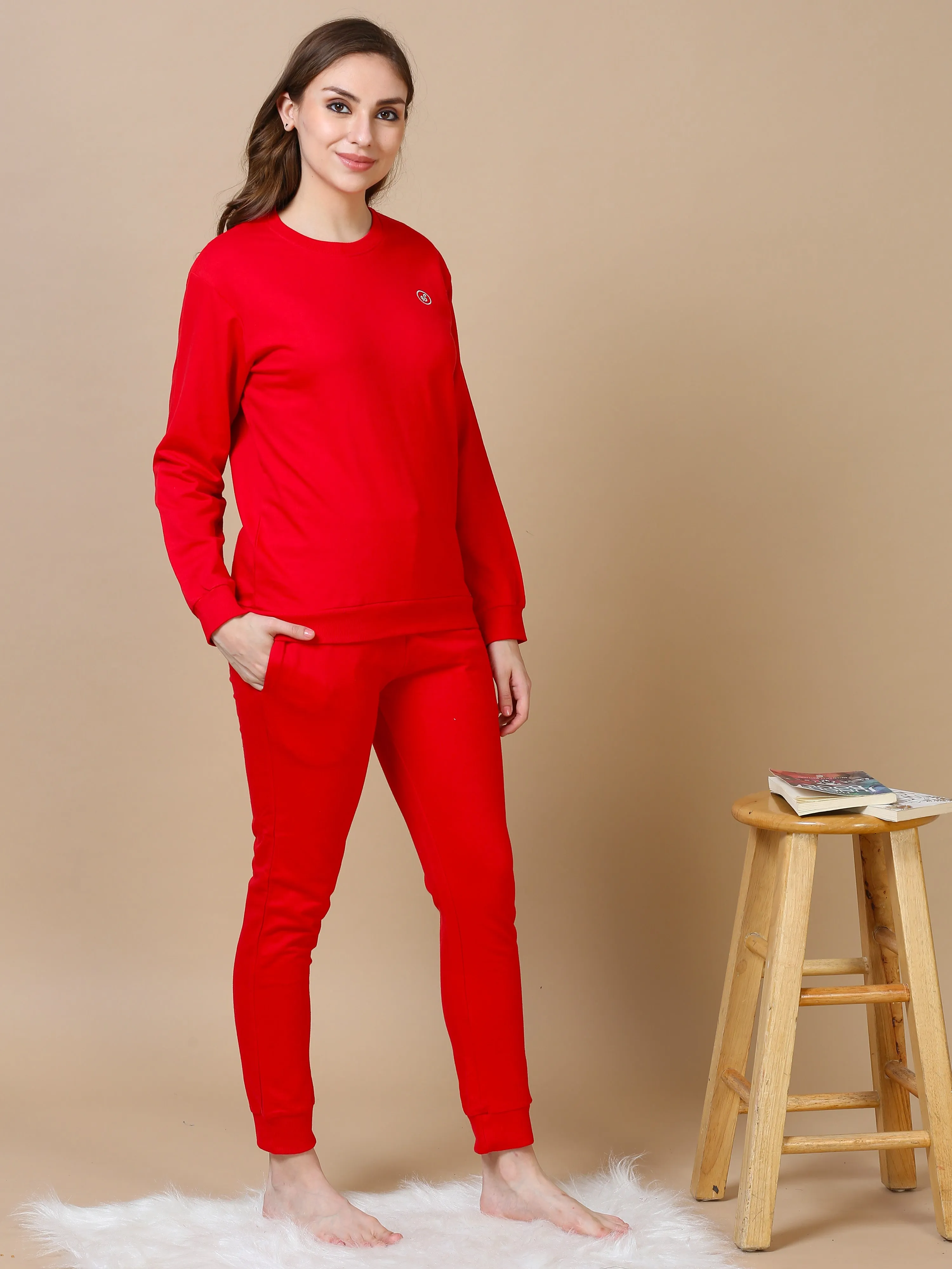 Red Hosiery Cotton Track Suit