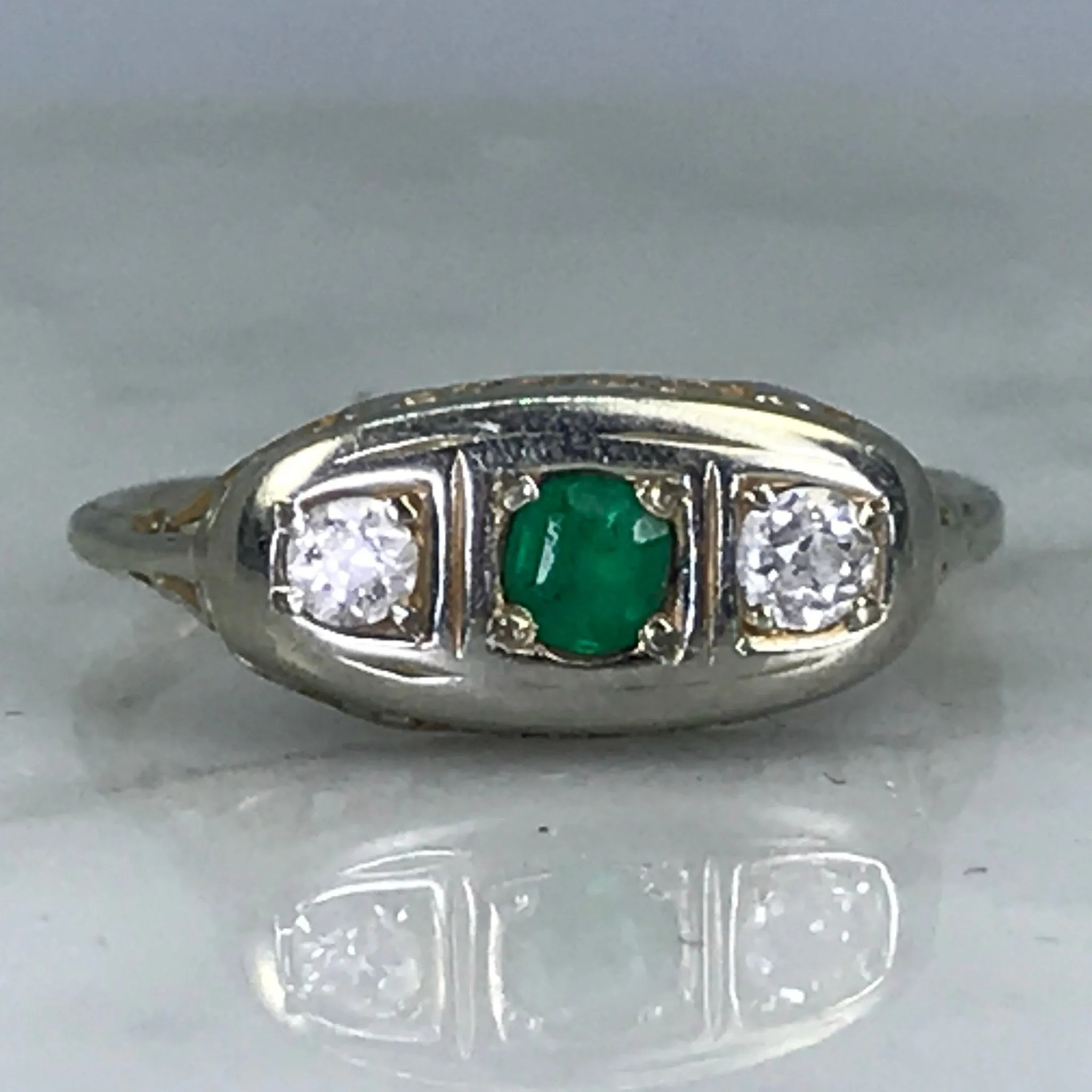 RESERVED LISTING for CA121320 Antique Emerald and Diamond Ring. 18K White Gold. May Birthstone. 20th Anniversary Gift.