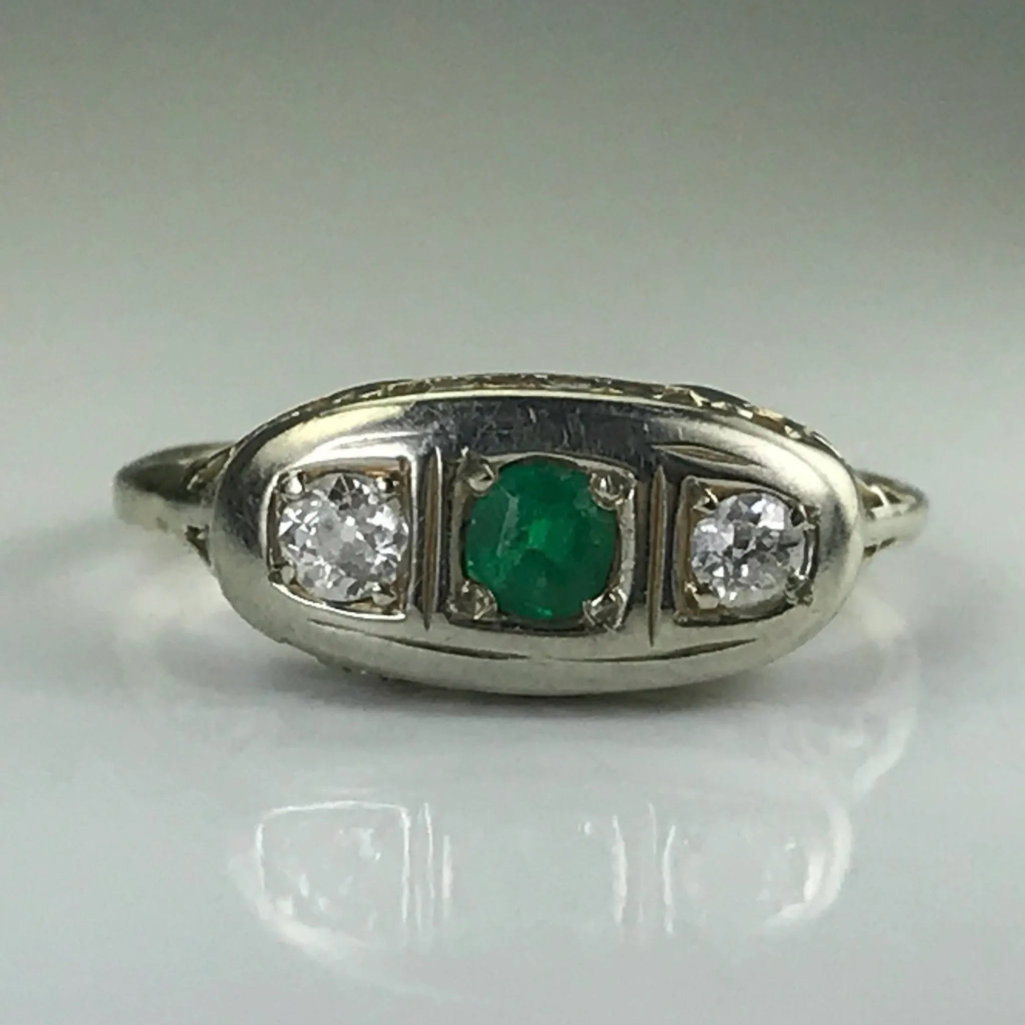 RESERVED LISTING for CA121320 Antique Emerald and Diamond Ring. 18K White Gold. May Birthstone. 20th Anniversary Gift.