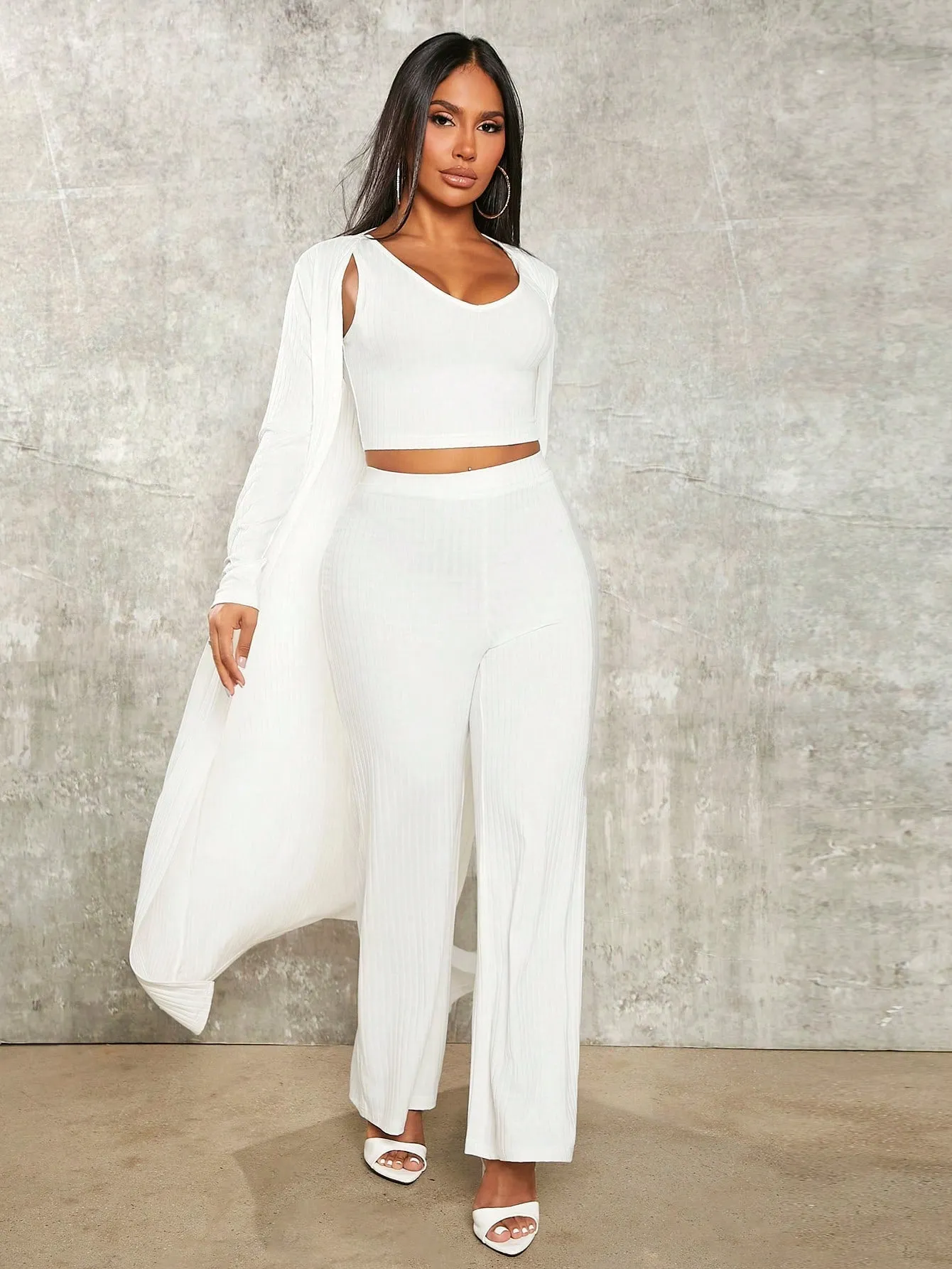 Ribbed Tank Top Pants Set With Coat